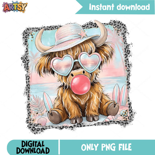 Highland Cow Summer Beach PNG, Bubble Gum Cow PNG, Cute Cow PNG