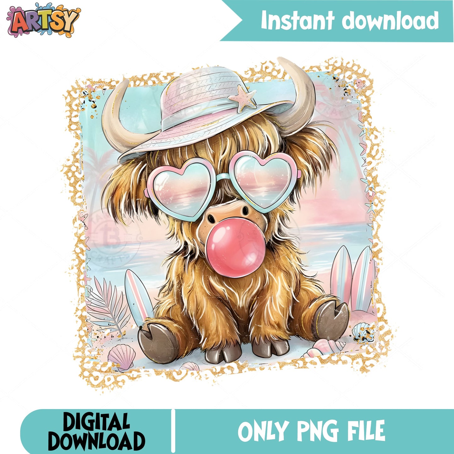 Highland Cow Summer Beach PNG, Cute Cow Bubblegum PNG, Boho PNG