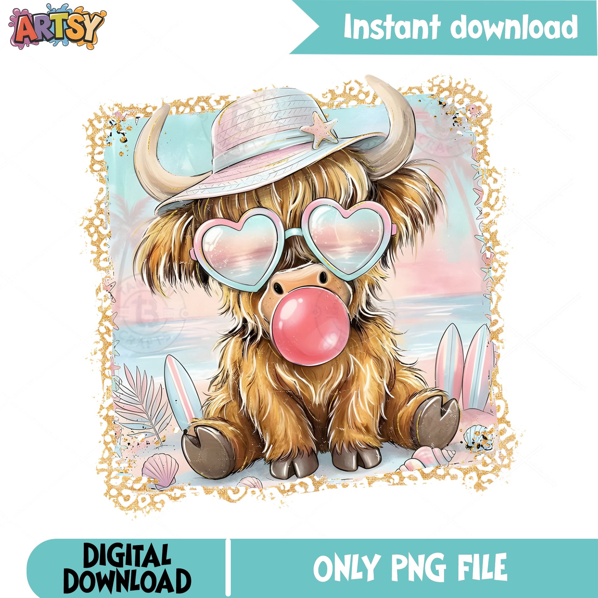 Highland Cow Summer Beach PNG, Cute Cow Bubblegum PNG, Boho PNG