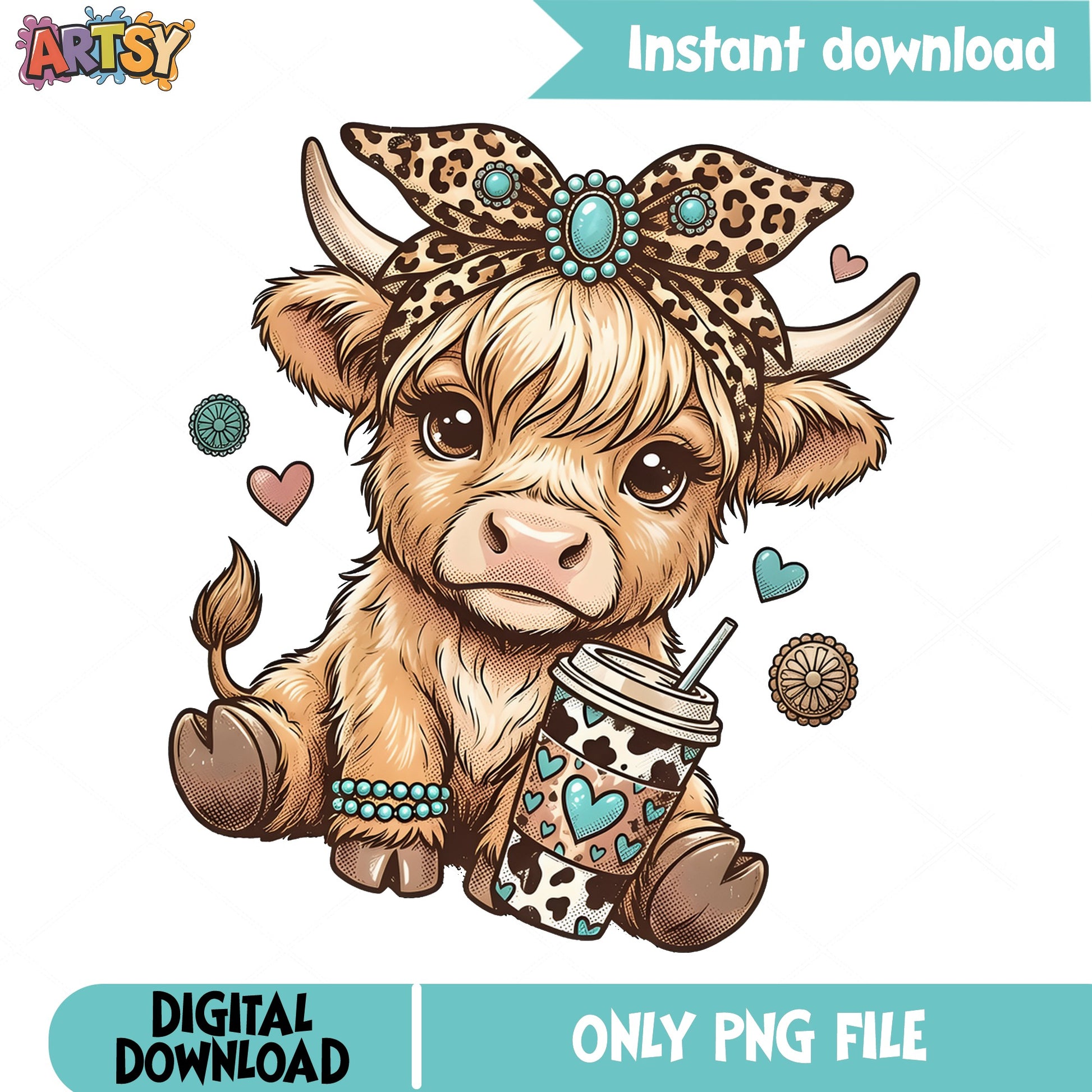 Highland Cow With Coffee PNG, Boho Leopard Cow PNG, Cute Cow PNG