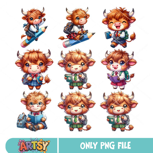 Highland cow school png bundle, highland cow png, back to school png