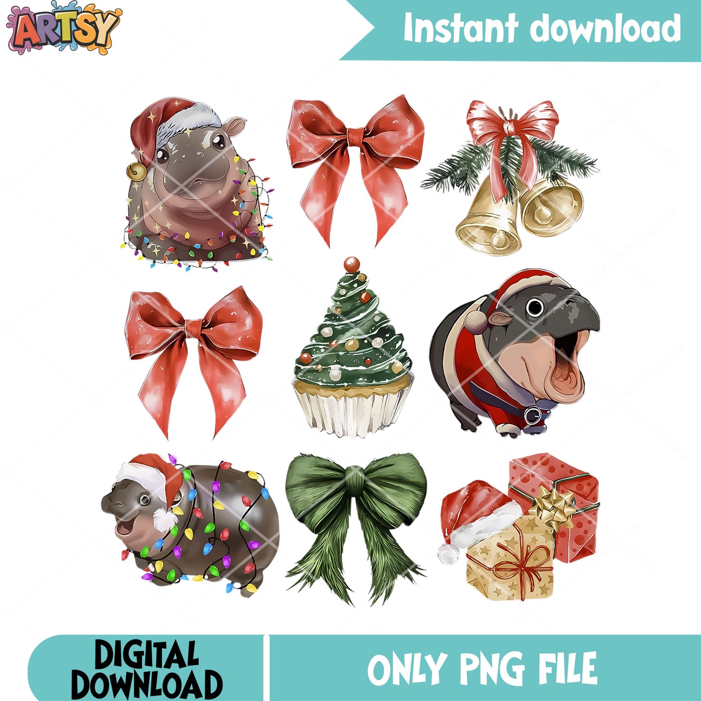 Hippo for christmas png, hippo christmas ornament png, hippo png
