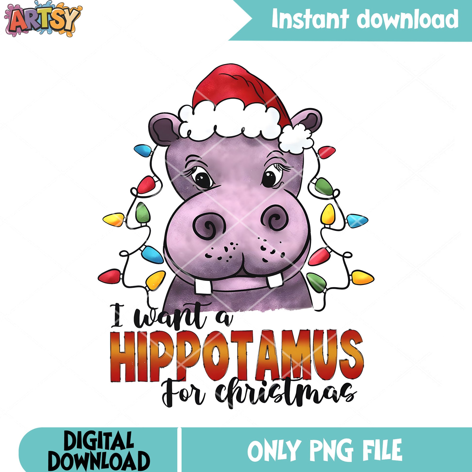 Hippotamus christmas png, hippotamus lights png, hippotamus cute png