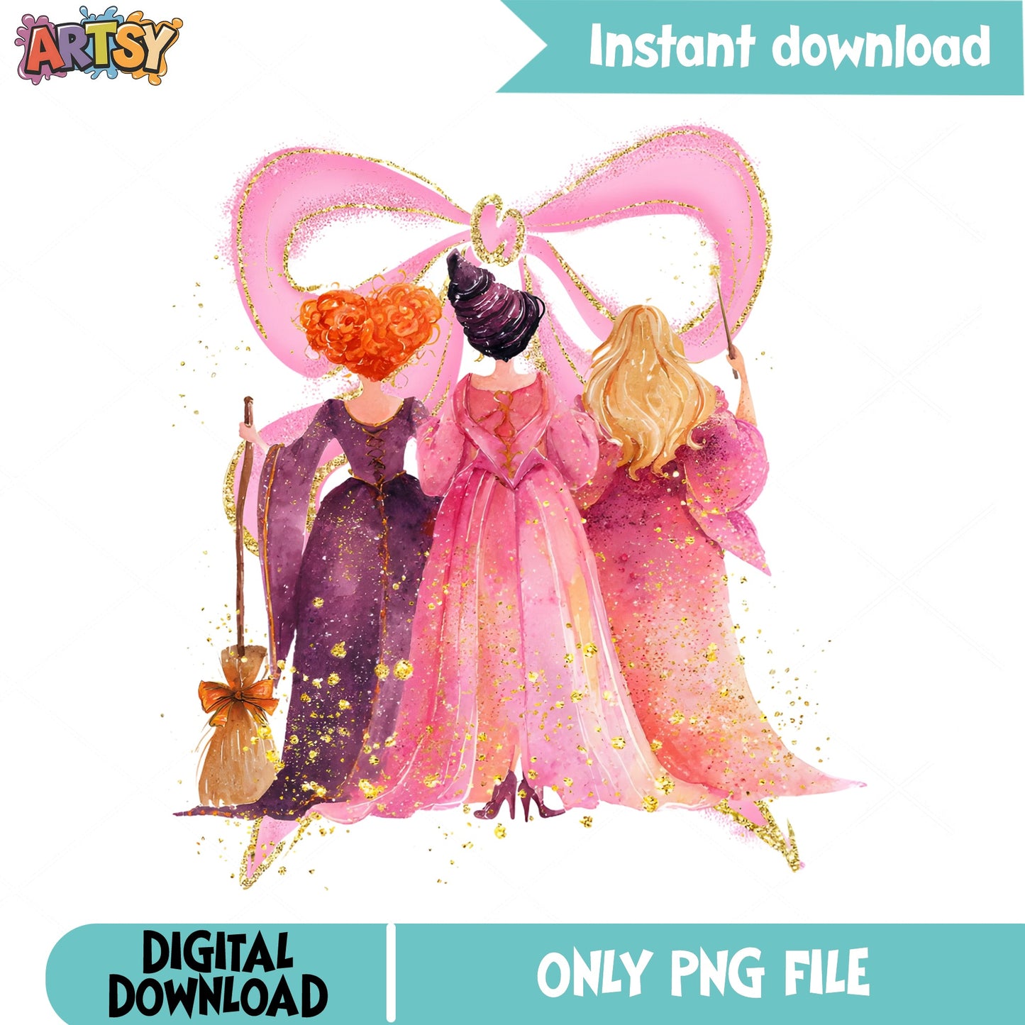 Hocus Pocus Sisters Pink Bow PNG, Sanderson Witches PNG, Halloween PNG