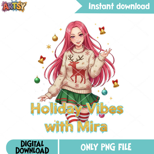 Holiday vibes with mira png, christmas sweater png, mira huntrix png