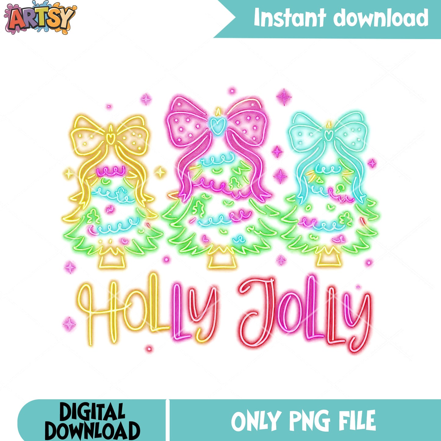 Holly jolly neon christmas png, christmas bow png, christmas vibes png