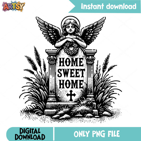 Home Sweet Home Angel Tombstone PNG, Gothic Angel PNG, Graveyard PNG