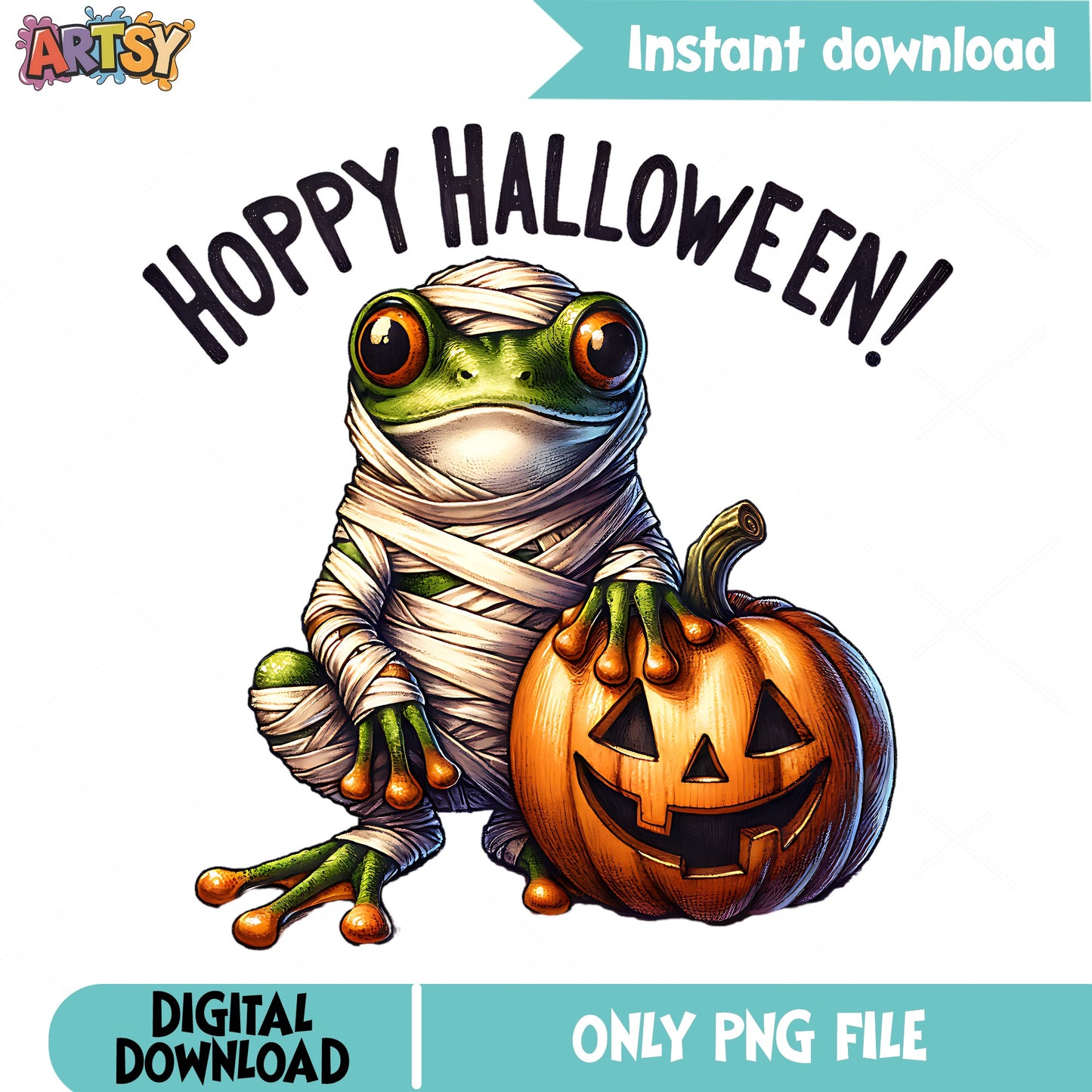 Hoppy Halloween Mummy Frog PNG, Frog Halloween PNG, Pumpkin PNG