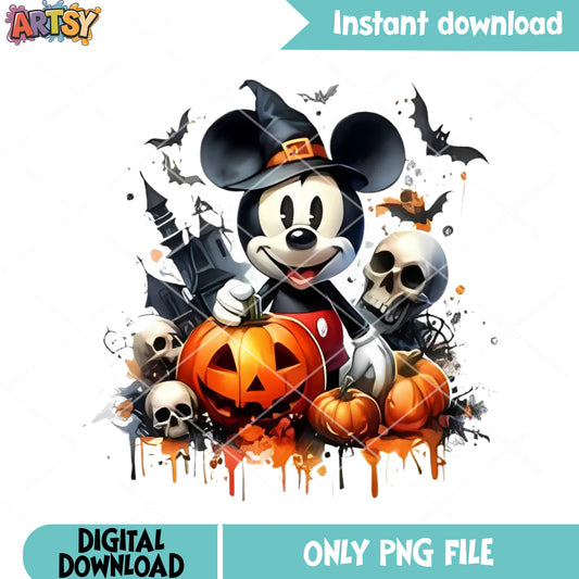 Horrific mickey and skull png, spooky castle ​png, jack o lantern png
