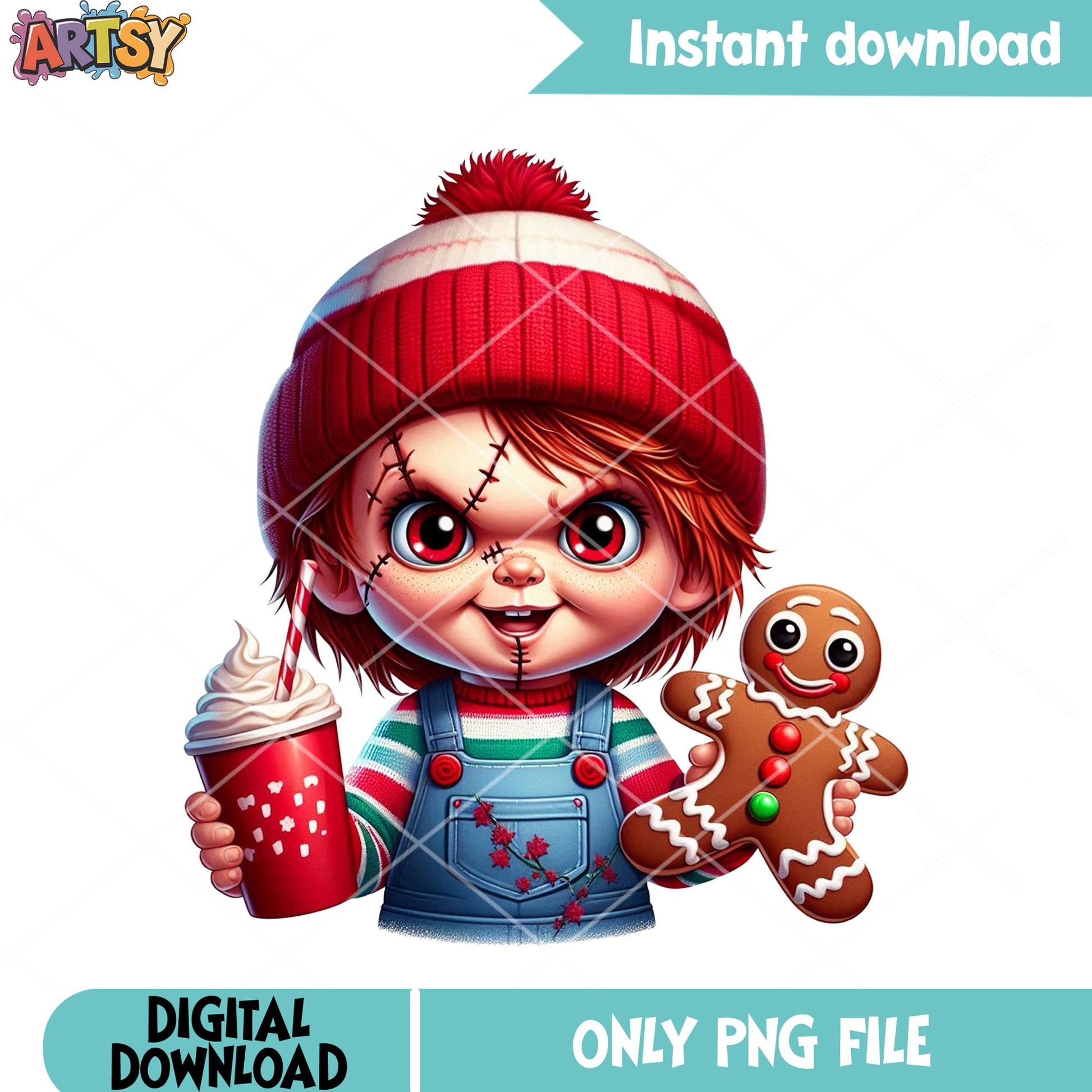 Horror Chucky doll xmas png, christmas gifts png, christmas coffee png