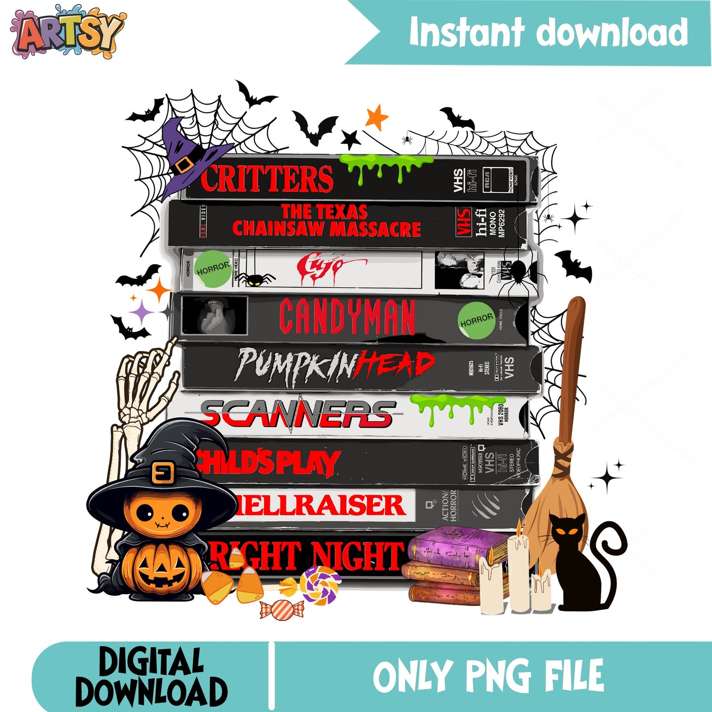 Horror Movies VHS Stack PNG, Halloween PNG, Retro Horror PNG