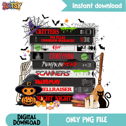 Horror Movies VHS Stack PNG, Halloween PNG, Retro Horror PNG