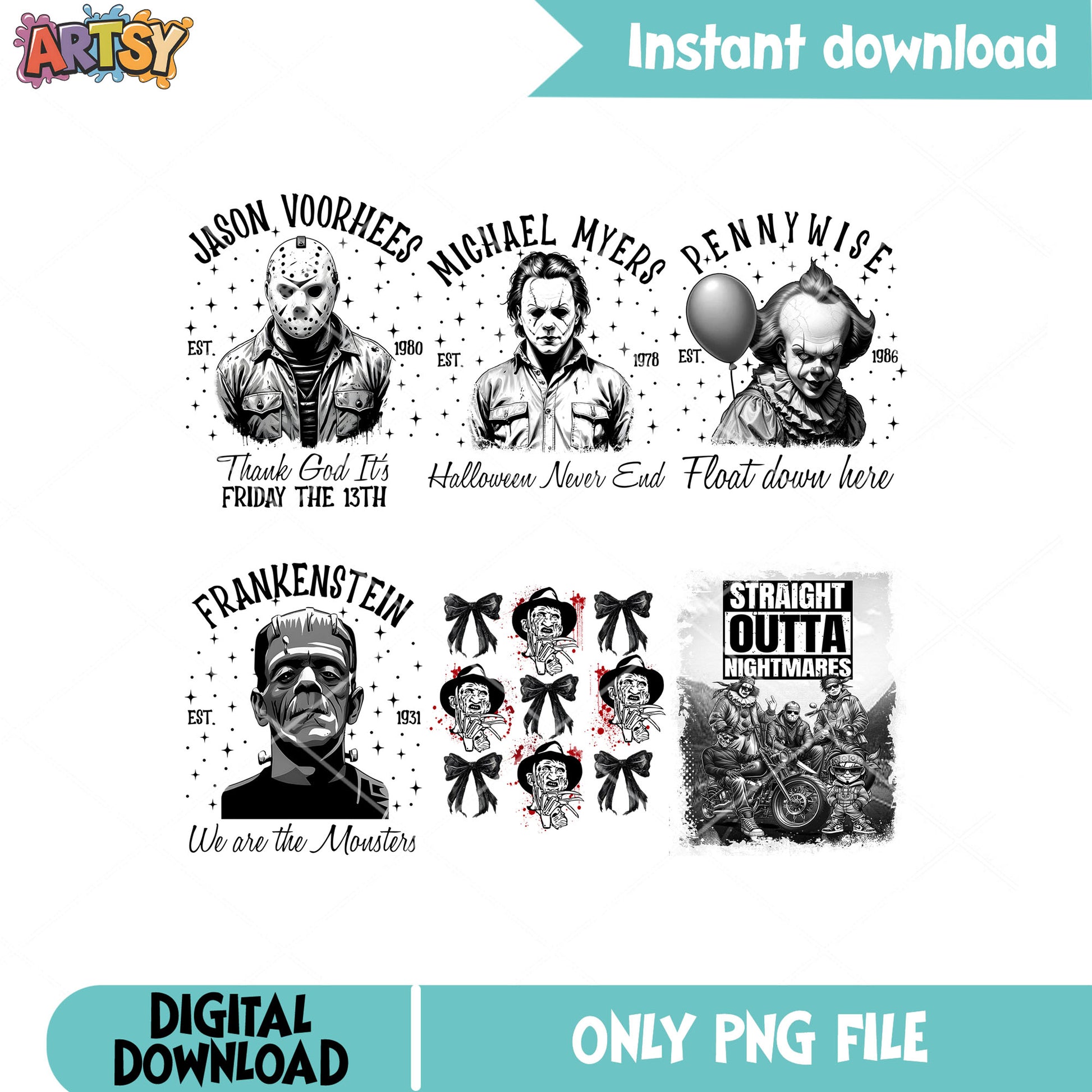 Horror black white png bundle, horror movies png, horror quotes png