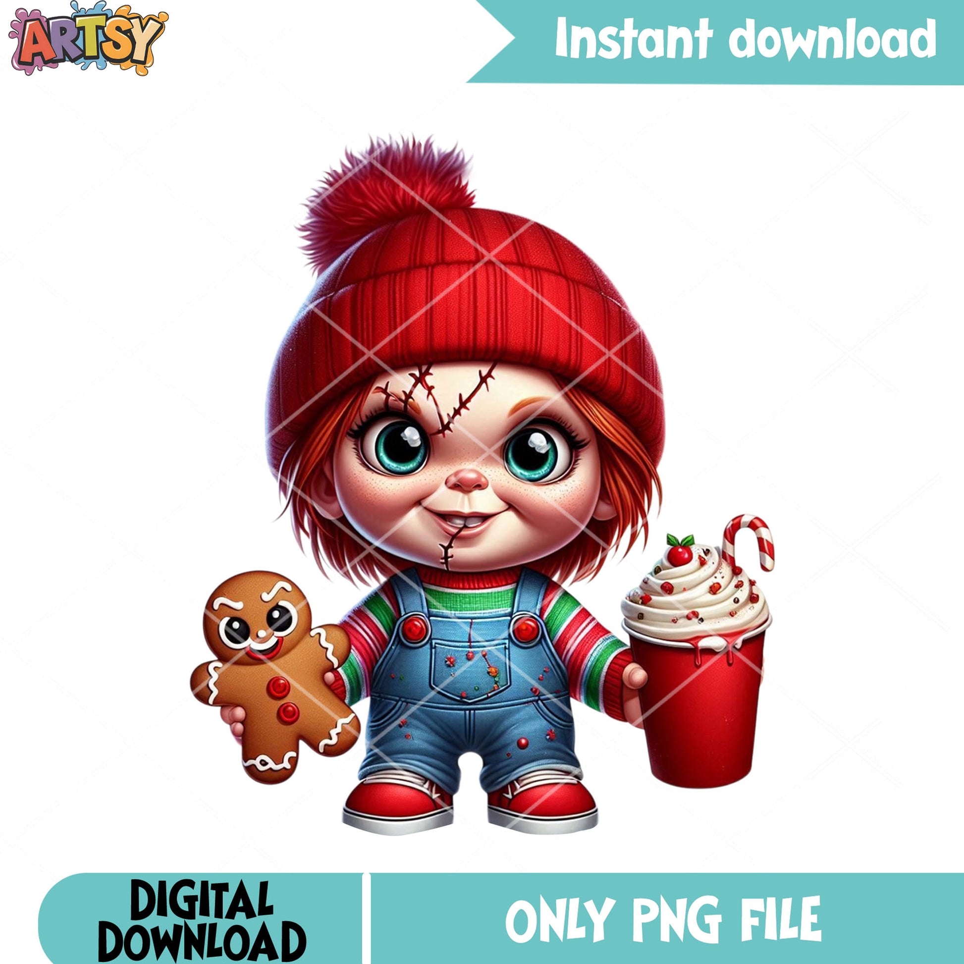 Horror character christmas png, chucky png, christmas coffee png