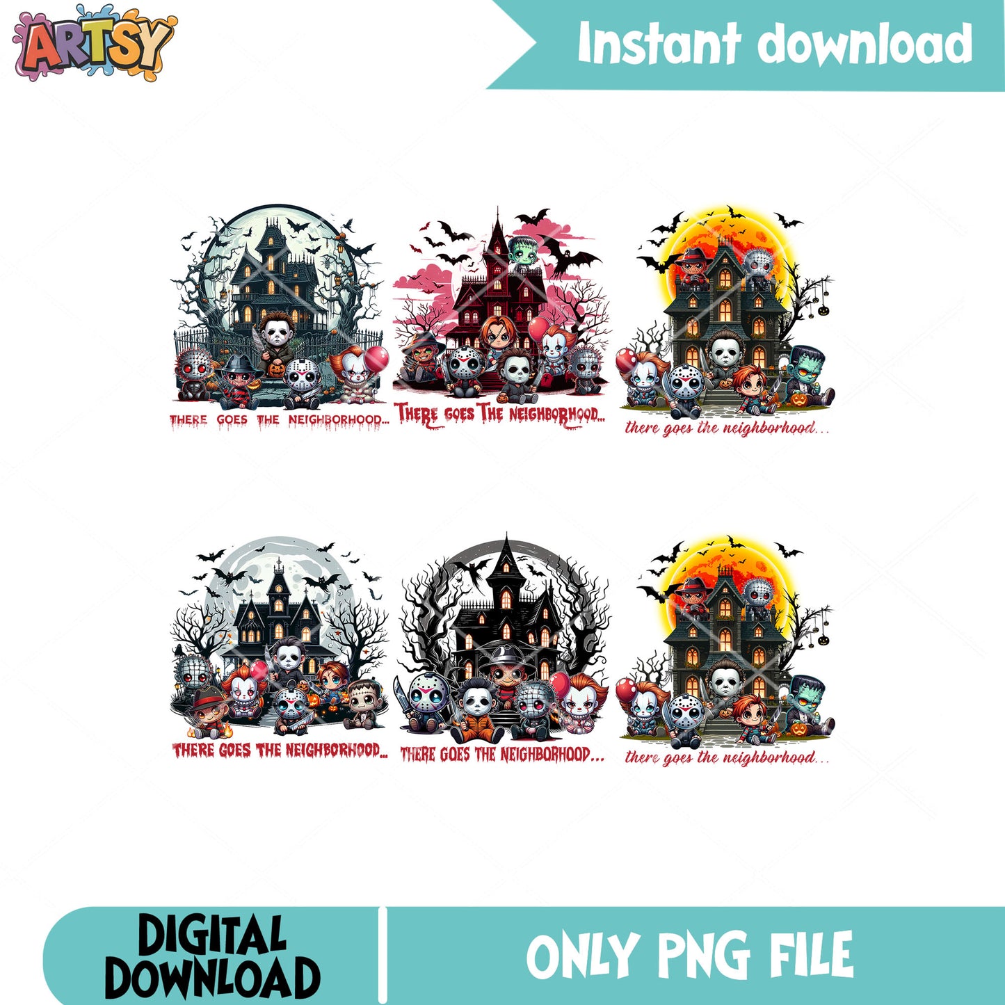 Horror chibi neighborhood png bundle, horror chibi png, horror movies png