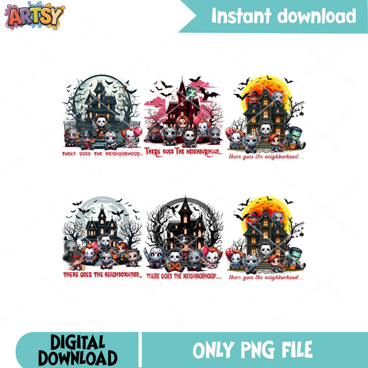 Horror chibi neighborhood png bundle, horror chibi png, horror movies png