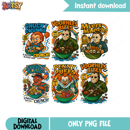 Horror killer crunch png bundle, horror movies png, horror halloween png