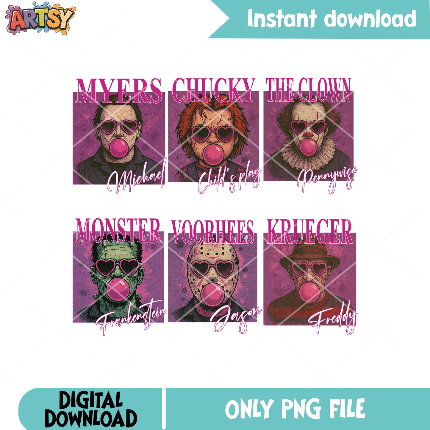 Horror movies pink vibes png bundle, horror characters png, horror halloween png