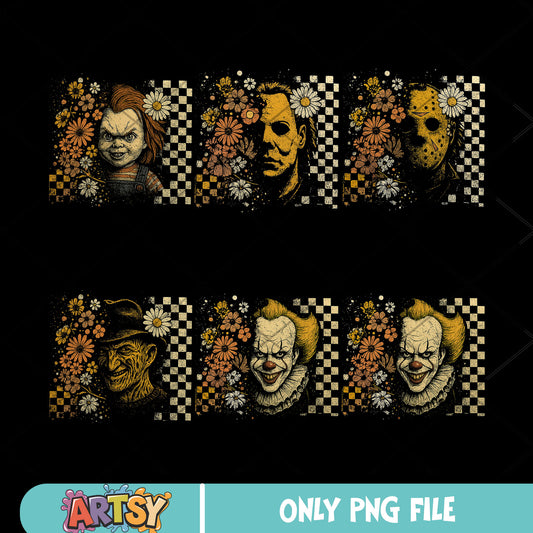 Horror murder floral png bundle, horror movies png, floral horror​ png