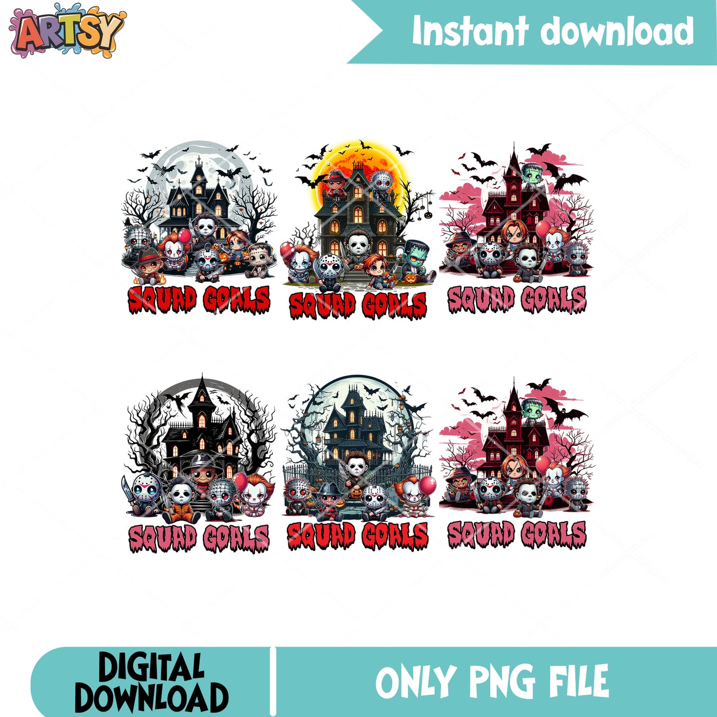 Horror squad goals png bundle, horror chibi png, horror movies png
