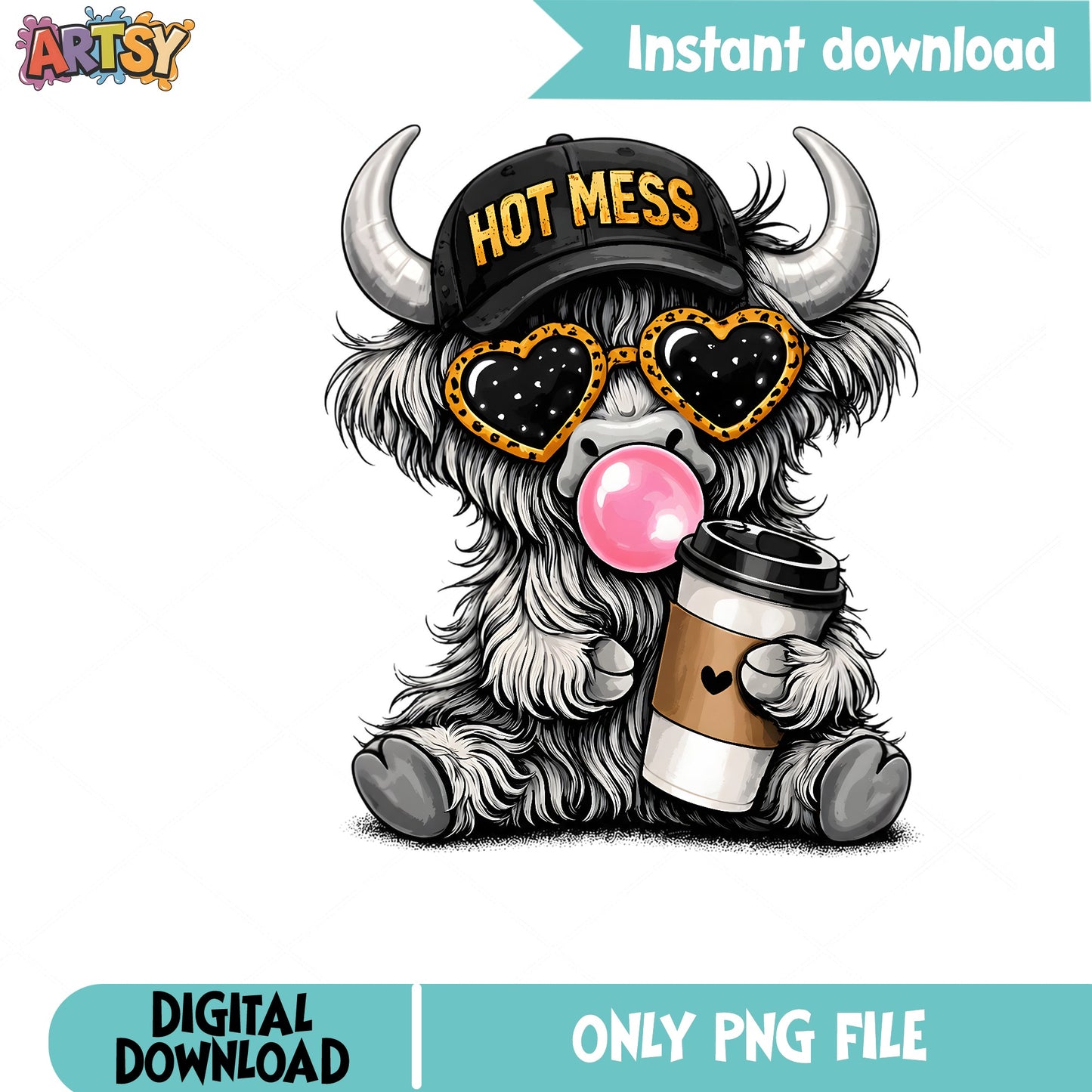 Hot Mess Highland Cow PNG, Bubblegum Coffee Cow PNG, Funny Cow PNG
