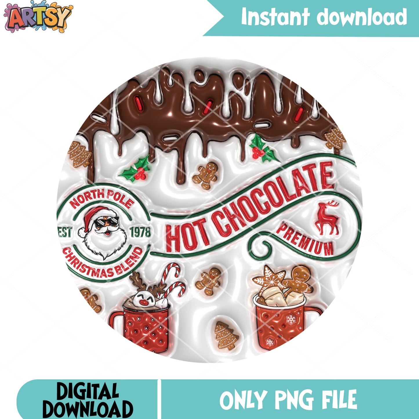 Hot chocolate premium png, christmas round ornament png, decor png