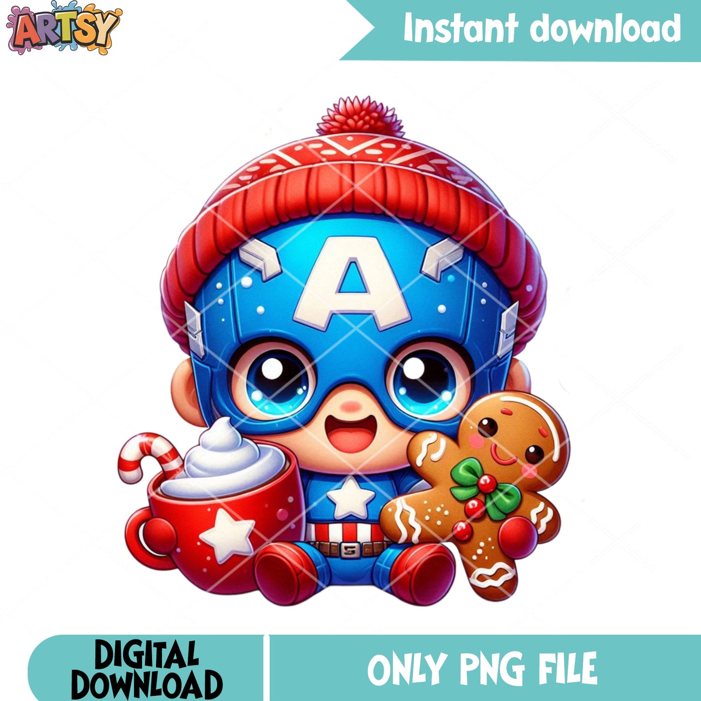 Hot cocoa and captain hero png, captain america png, christmas gifts png