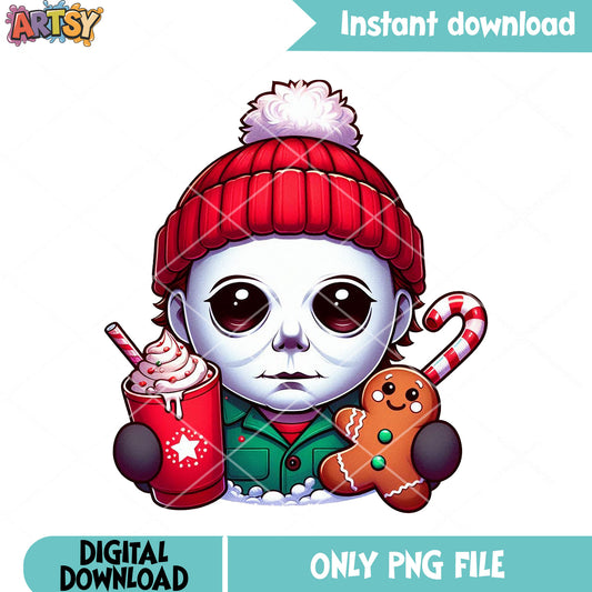 Hot cocoa micheal myers png, merry christmas png, halloween movies png