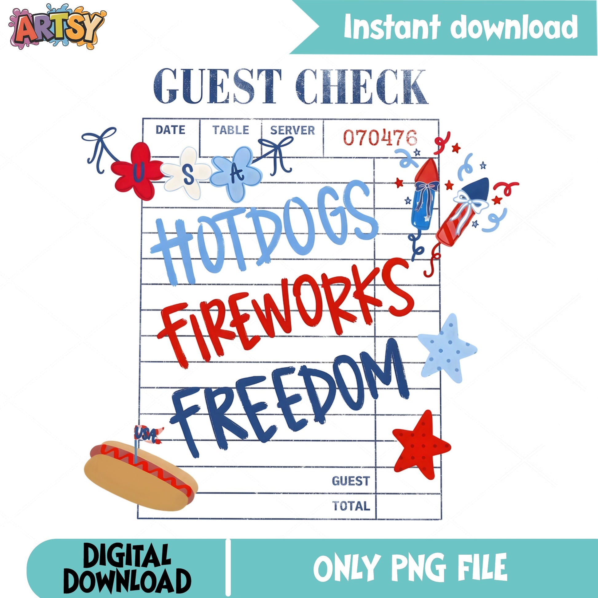 Hotdogs Fireworks Freedom Guest Check PNG, 4th Of July PNG, USA PNG