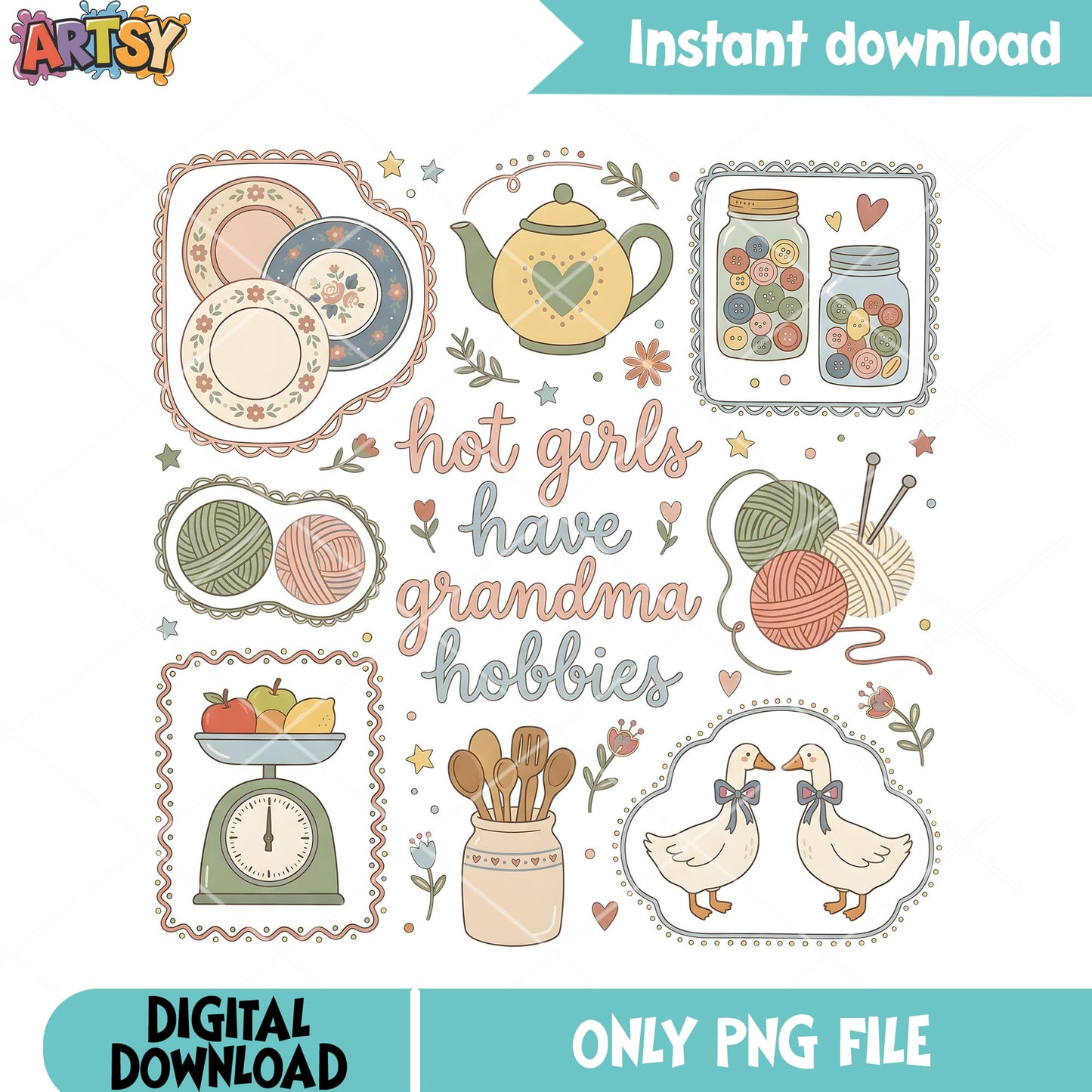 Hot girl have grandma hobbies png, cute art png, grandma stuff png