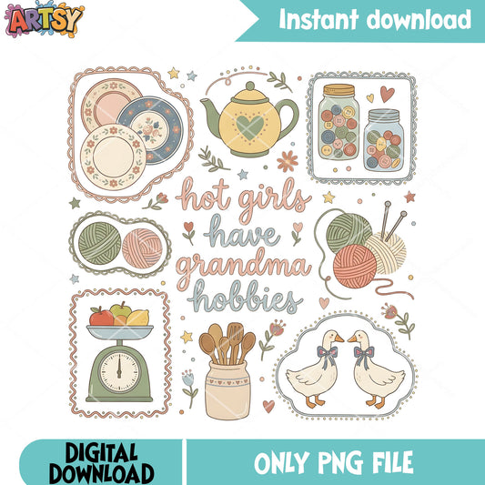 Hot girl have grandma hobbies png, cute art png, grandma stuff png