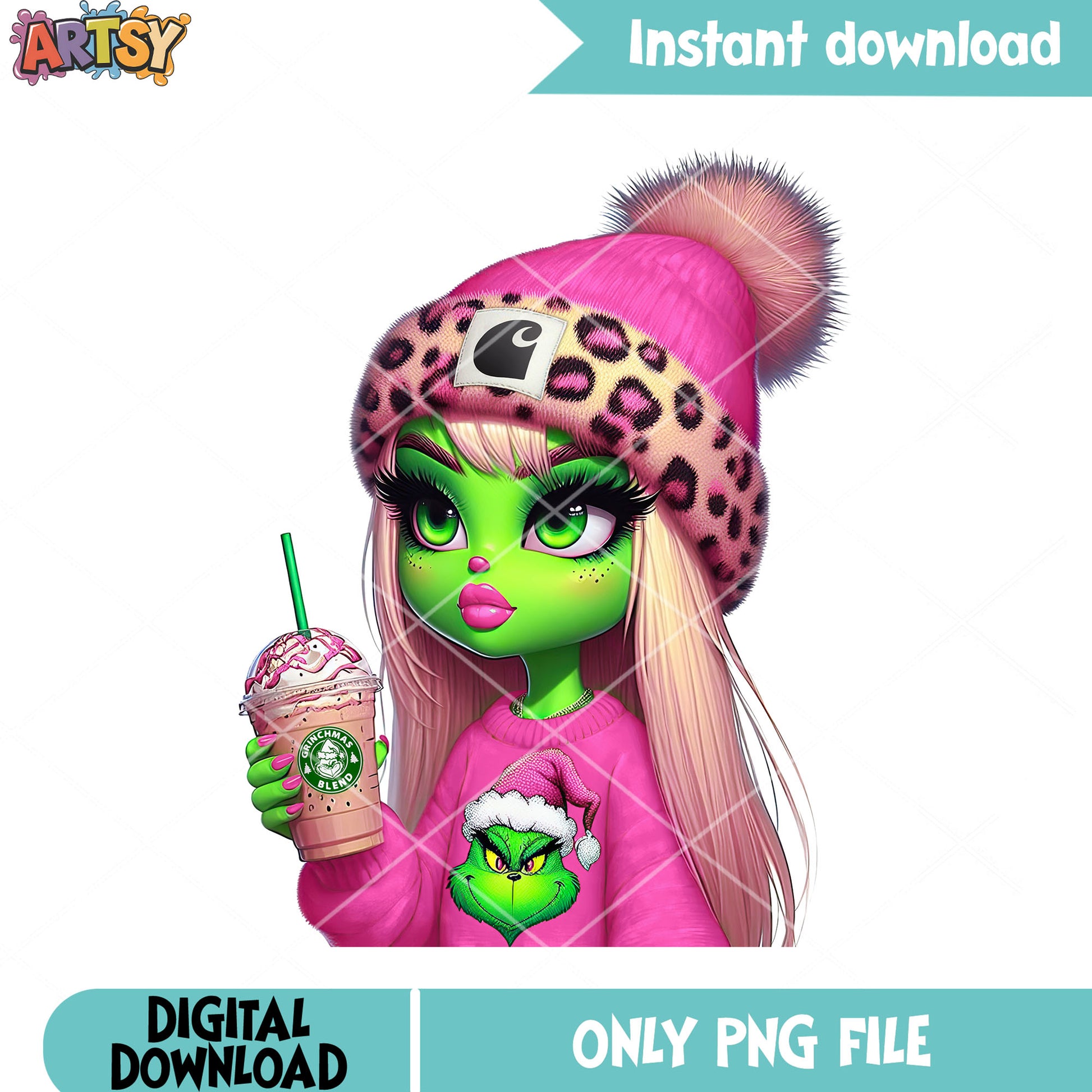 Hot grinch woman with coffee png, christmas coffee png, the grinch png