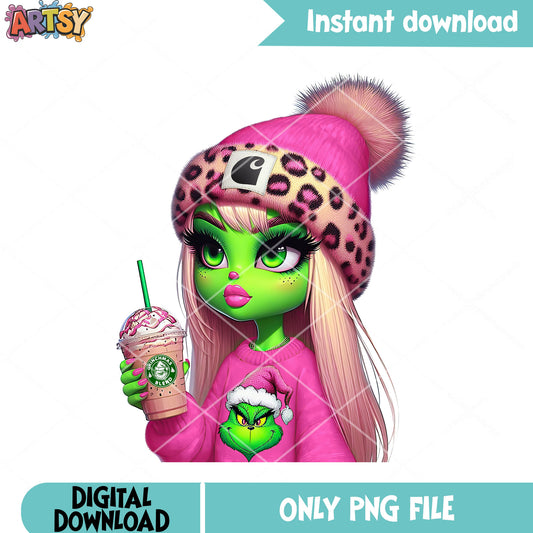 Hot grinch woman with coffee png, christmas coffee png, the grinch png