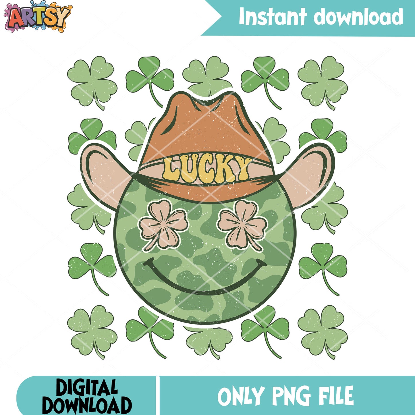 Howdy smiling lucky png, four leaf clover png, happy patricks day png