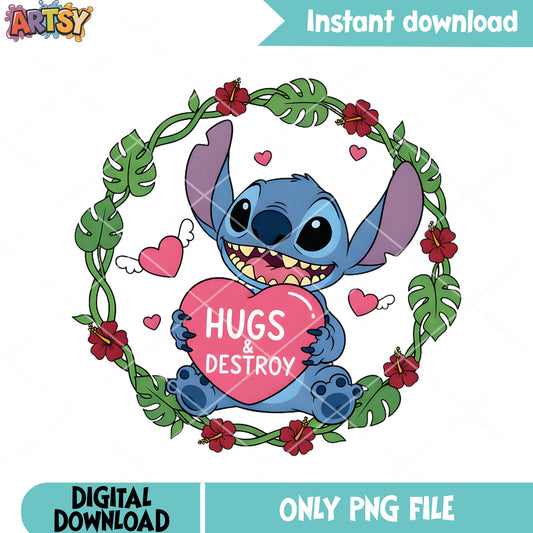 Hug and destroy valentine png, happy valentine png, lilo and stitch png