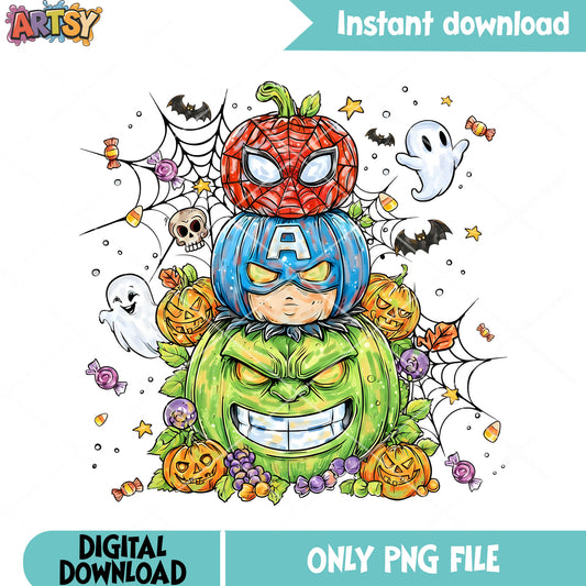 Hulk green pumpkin png, spooky halloween png, spider man png