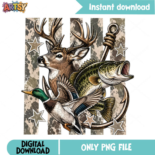Hunting Fishing American Flag PNG, Deer Duck Bass PNG, Camo Outdoors PNG