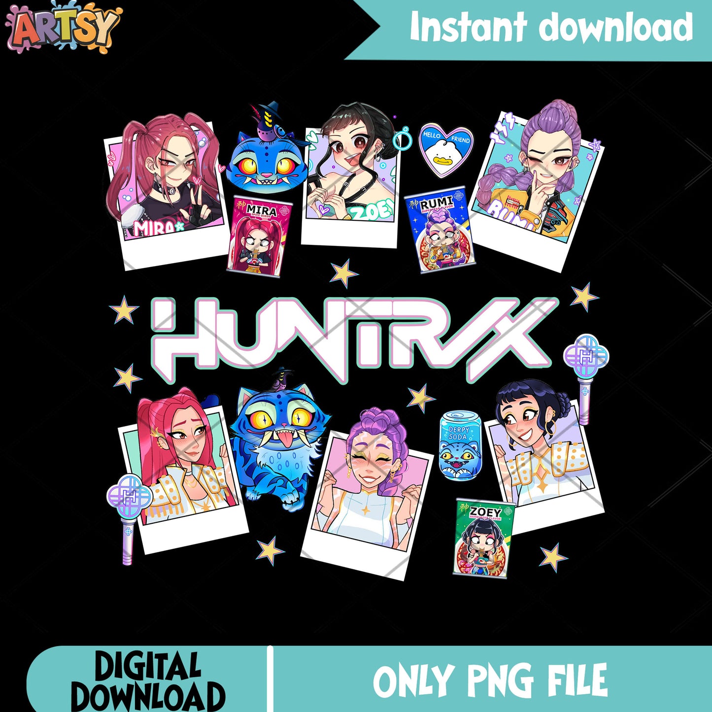 Huntrix Polaroid Style design png, huntrix band png, huntrix girl png