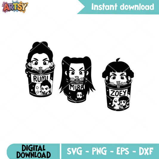 Huntrix baby with ramen svg, huntrix ramyeon svg, huntrix chibi svg