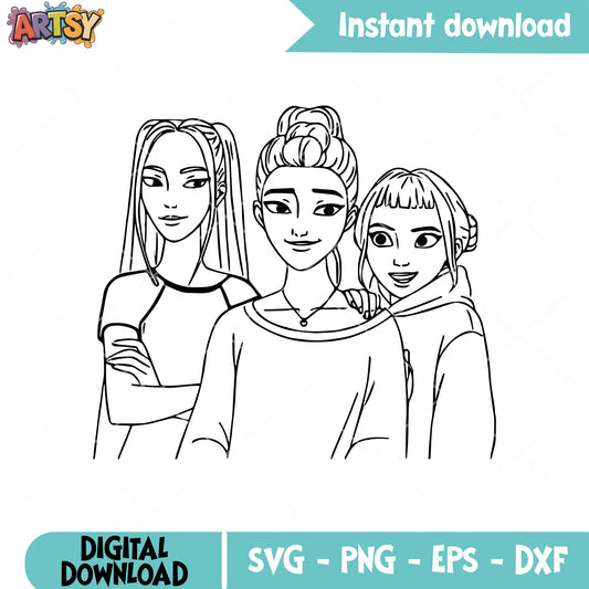 Huntrix band girls outline svg, huntrix band svg, huntrix movie svg