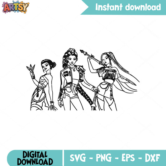Huntrix band outline svg, huntrix movie svg, huntrix girl svg