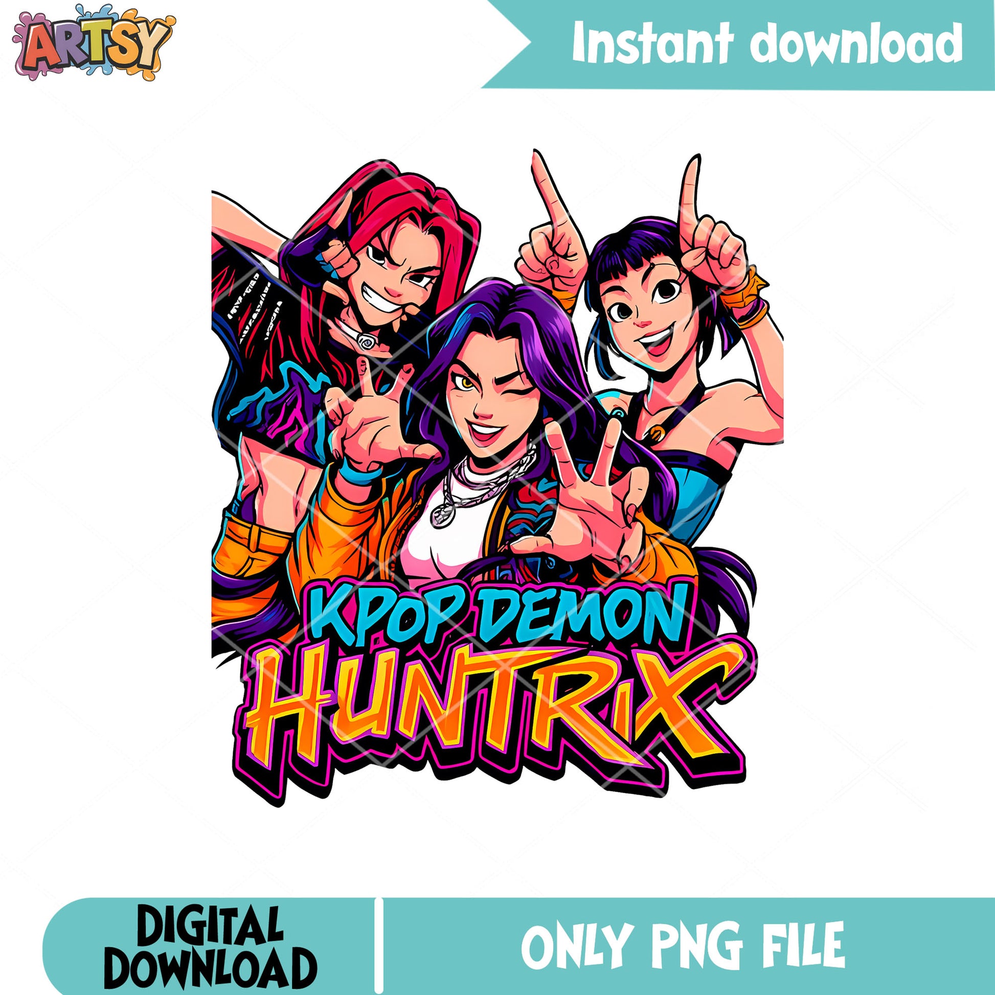 Huntrix band vibrant design png, huntrix kpop png, kpop huntrix png