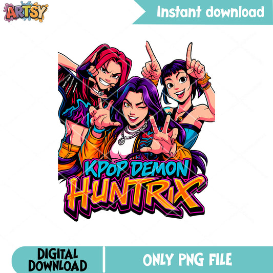 Huntrix band vibrant design png, huntrix kpop png, kpop huntrix png