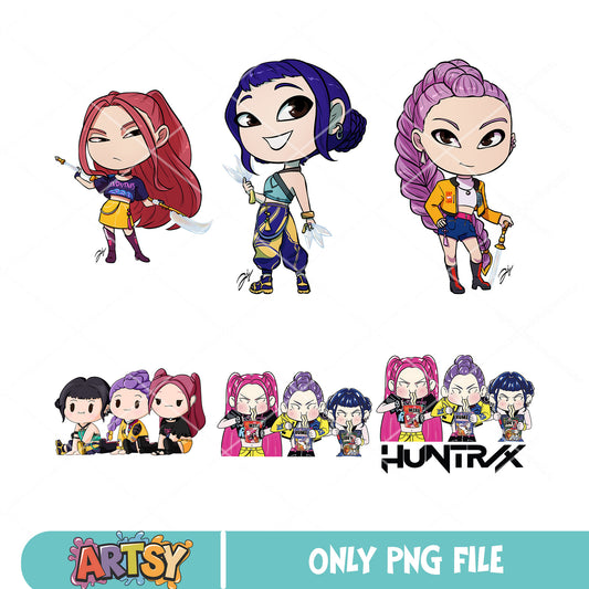 Huntrix chibi png bundle, huntrix band png, kpop hunters png