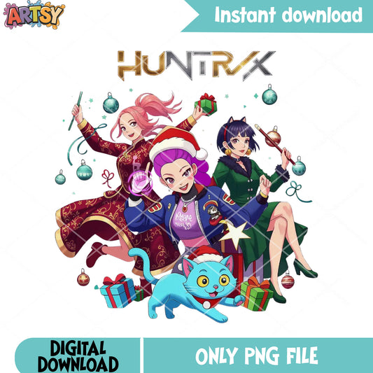 Huntrix christmas presents png, rumi png, kpop demon hunters png