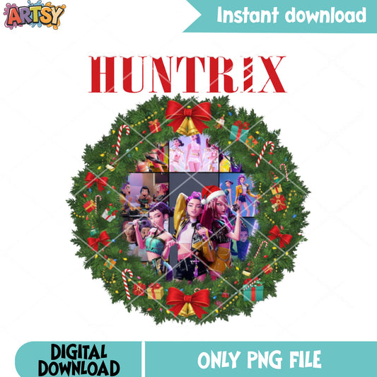 Huntrix christmas wreath png, santa hat png, kpop demon hunters png