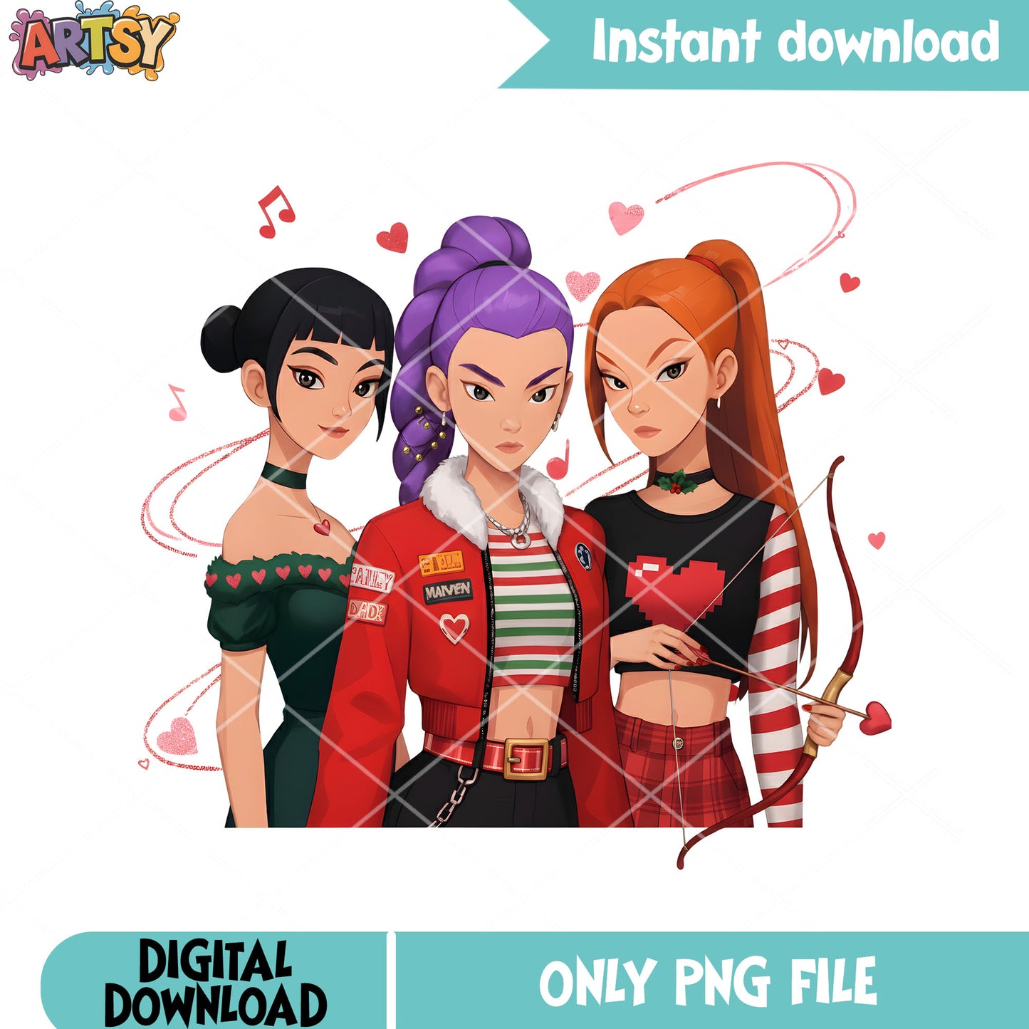 Huntrix crew valentines png, valentines poster png, huntrix poster png