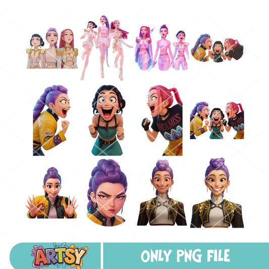 Huntrix cute band png bundle, huntrix kpop png, kpop hunters png