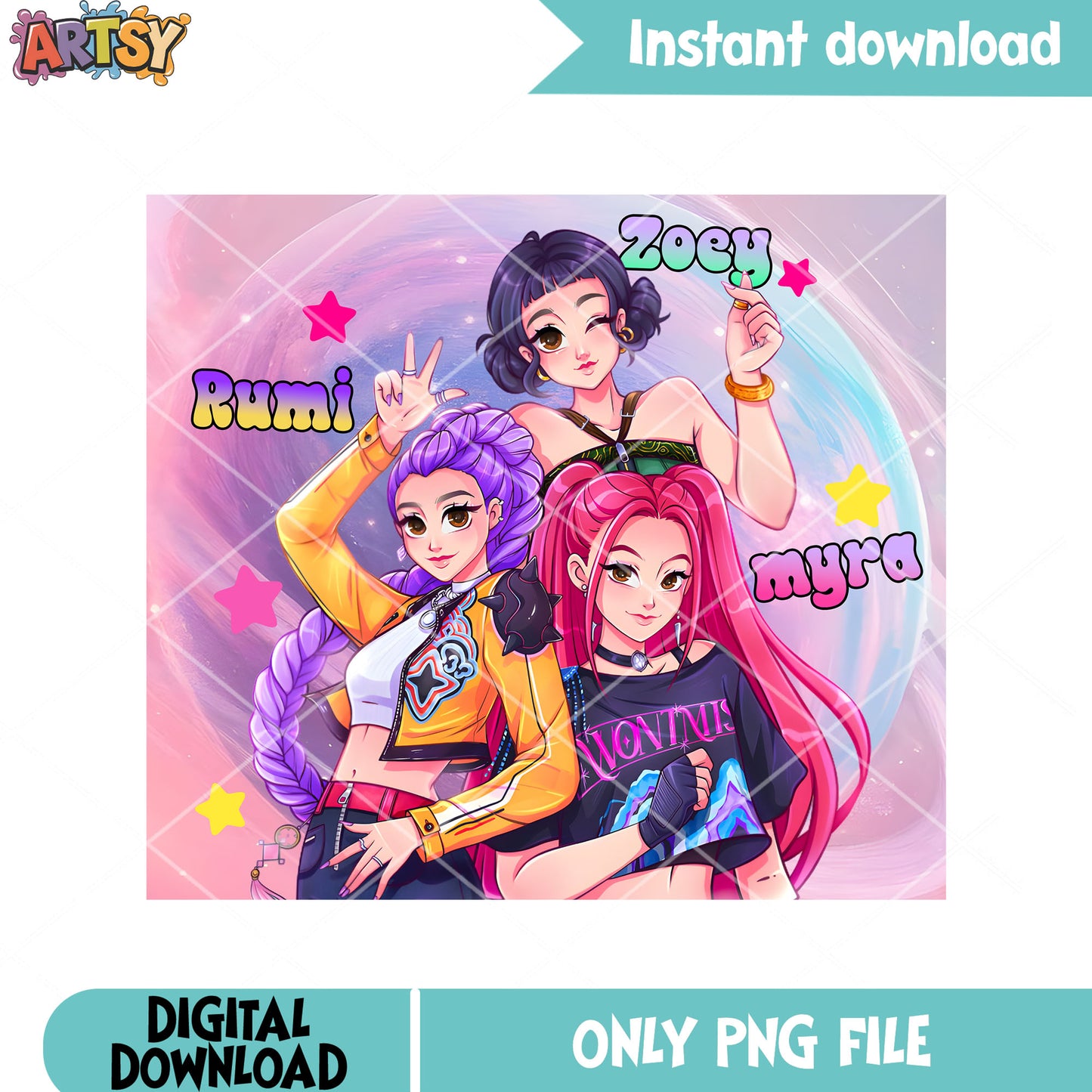 Huntrix figer heart png, mira zoey rumi png, peace sign png