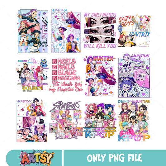 Huntrix girl song png bundle, huntrix members png, kpop hunters png